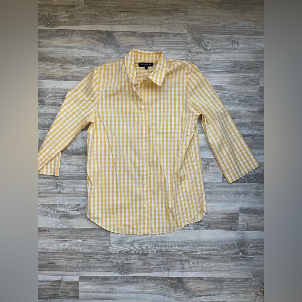 Lafayette 148 New York Button Down Yellow Checkered 3/4 Sleeve Blouse Size Small